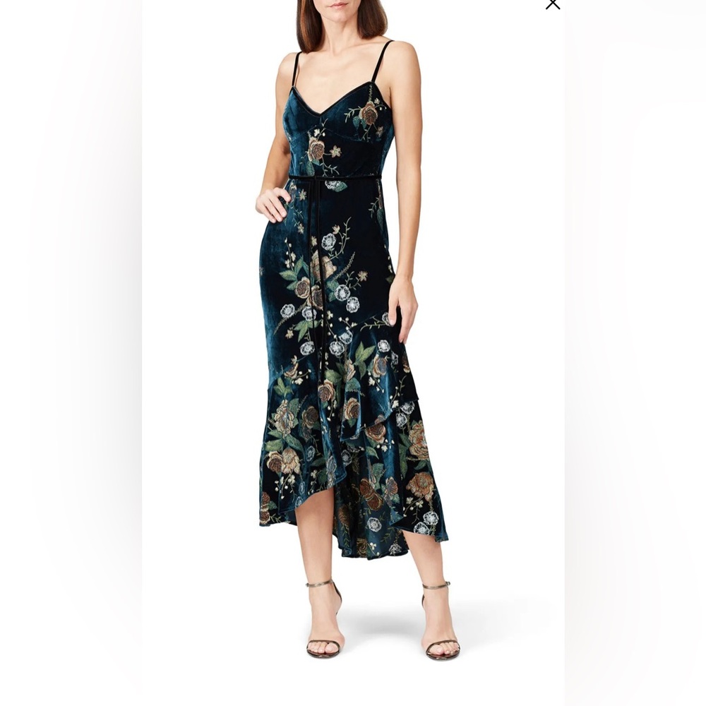 ISO: Marchesa Notte Teal Velvet Embroidered High Low Gown